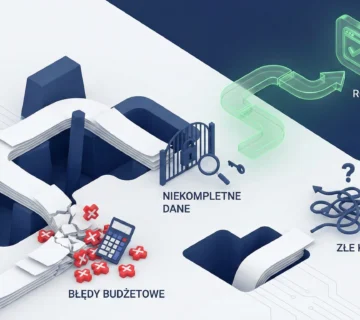 Izometryczna ilustracja przedstawiająca najczęstsze błędy we wnioskach o dofinansowanie: błędy budżetowe, niekompletne dane i złe kryteria, oraz drogę do poprawnego rozwiązania 