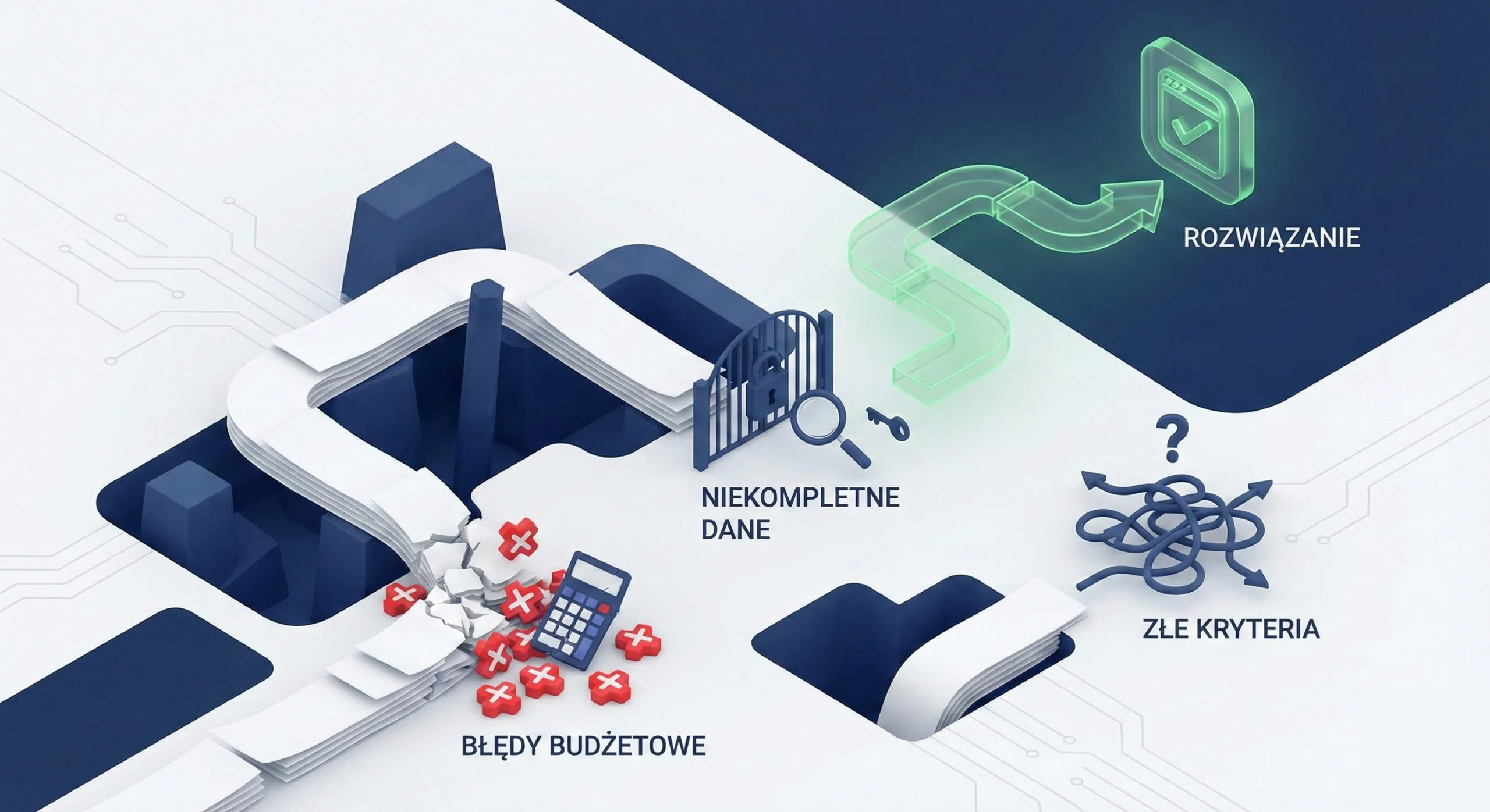 Izometryczna ilustracja przedstawiająca najczęstsze błędy we wnioskach o dofinansowanie: błędy budżetowe, niekompletne dane i złe kryteria, oraz drogę do poprawnego rozwiązania 