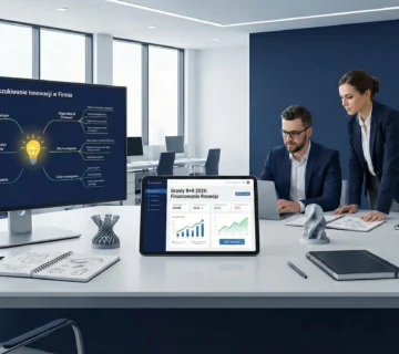 Zespół ekspertów w biurze omawia proces wdrażania innowacji  Na ekranie widoczna mapa myśli (mind map) projektu B+R, a na biurku prototyp 3D – symbol nowoczesnych technologii w firmie 