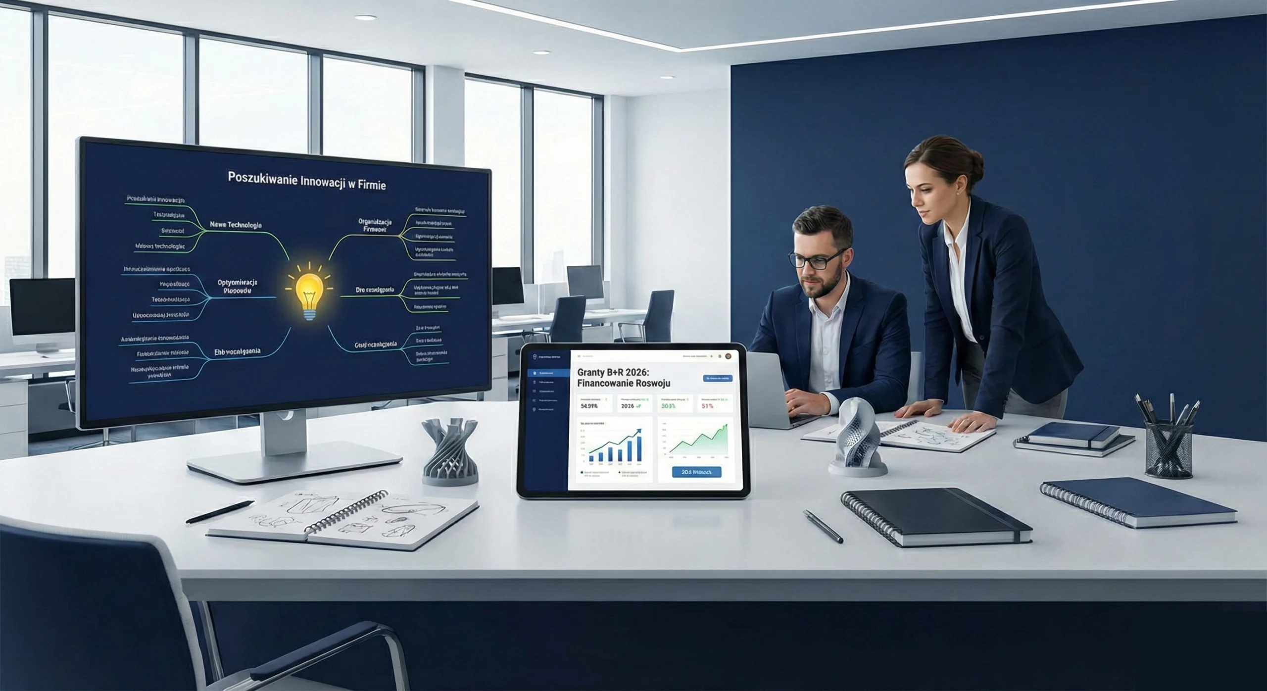 Zespół ekspertów w biurze omawia proces wdrażania innowacji  Na ekranie widoczna mapa myśli (mind map) projektu B+R, a na biurku prototyp 3D – symbol nowoczesnych technologii w firmie 